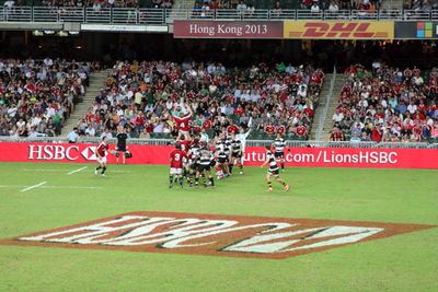 Rugby match at the Hong Kong Sevens with perimeter advertising